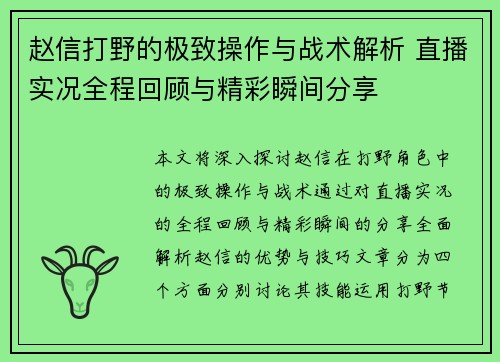 赵信打野的极致操作与战术解析 直播实况全程回顾与精彩瞬间分享
